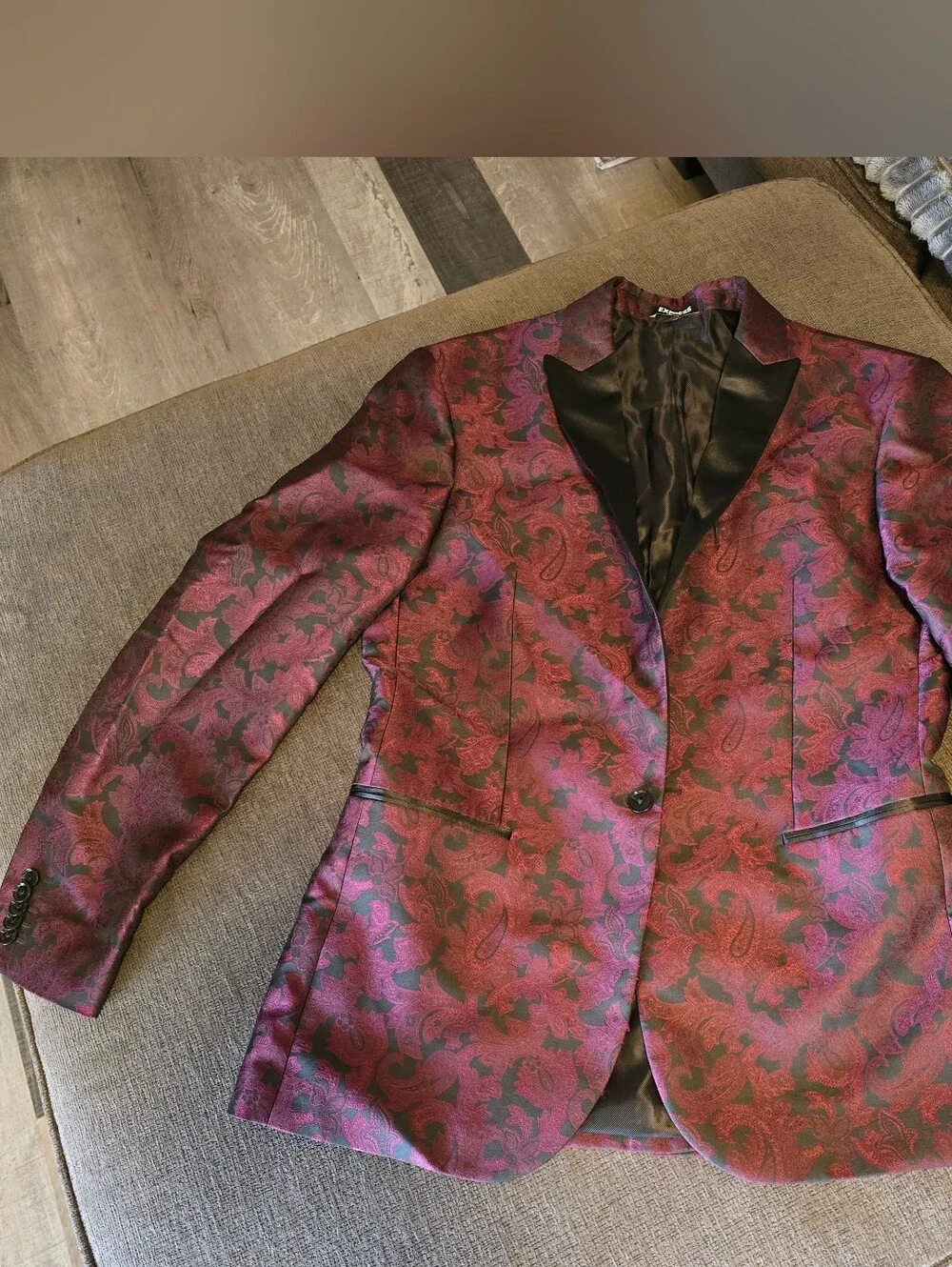 Mens Burgundy Paisley Blazer with Black Satin Lapel